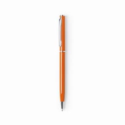 An orange glossy aluminium twist-action pen with a silver clip and accents. It features a logo on the body.
