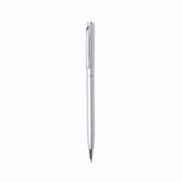 A glossy aluminium twist-action pen in silver, featuring a sleek design and a clip for easy attachment.