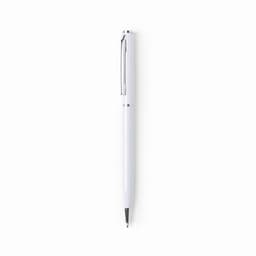 A white glossy aluminium twist-action pen with a silver clip and accents. It features a logo on the body.