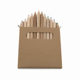A cardboard box containing a 12-piece set of wooden pencils in various colours, with a logo on the packaging.