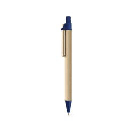 A pen with a beige barrel and blue accents, featuring a clip and a ballpoint tip. It has a logo on the barrel.