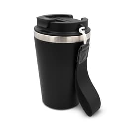 A drink bottle featuring a black recycled stainless steel body and a silver band, with a detachable strap and lid.