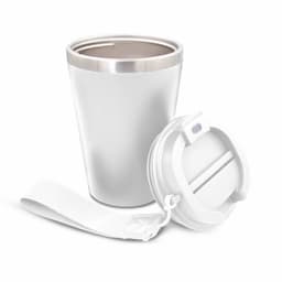 A drink bottle featuring a white body and stainless steel interior, accompanied by a lid and strap.