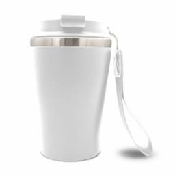 A drink bottle in white with a stainless steel lid and a handle. Features a logo on the side.
