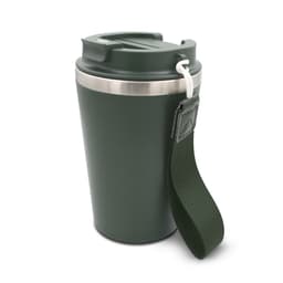 A drink bottle in dark green with a stainless steel base and a sturdy strap for carrying. It features a lid.