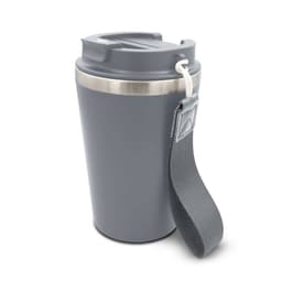 A drink bottle in grey with a stainless steel rim and a fabric strap for easy carrying. It features a logo.