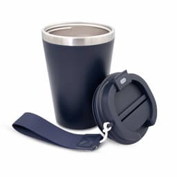 A drink bottle in navy with a stainless steel interior and a black lid, featuring a carry strap and logo.