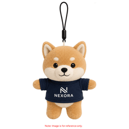 A plush keyring of a cute dog, featuring a brown and cream colour scheme, with a branded shirt.