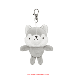 A grey plush keyring in the shape of a cute animal with a clip for attachment.