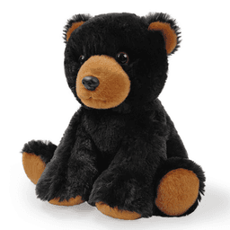 A custom plush toy bear in black and brown, featuring soft fur and a friendly expression. It has a branded logo.