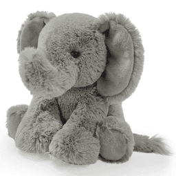 A grey elephant plush toy with fluffy texture and oversized ears, featuring a small, smiley face.