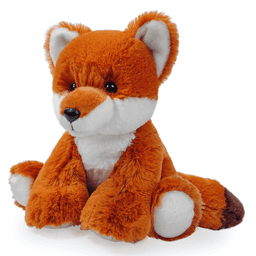 An orange and white plush fox toy, featuring a soft fur texture and a seated pose, with a logo present.