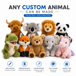 A collection of custom animal plush toys in various colours, featuring a dinosaur, fox, bear, unicorn, and more.