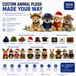 A 20cm custom animal plush toy display featuring various styles and accessories in multiple colours, with a logo present.
