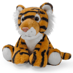 A plush toy tiger in orange with black stripes, featuring fluffy white accents on the face and paws.