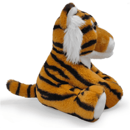 A plush toy shaped like a tiger, featuring orange and black stripes with white accents, sitting upright.