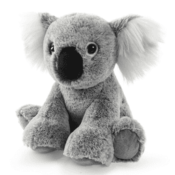 A grey koala plush toy with fluffy ears and a round face, featuring a black nose and soft fabric.