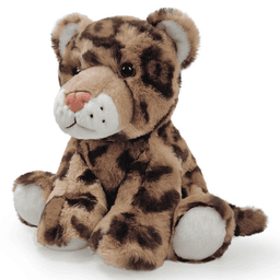 A cute, brown and tan plush toy resembling a leopard, featuring soft fur and friendly facial details.
