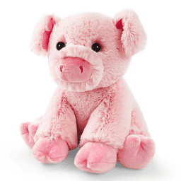 A pink plush toy designed as a pig, featuring soft fabric and rounded ears, with a small logo on one side.