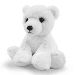 A white plush toy resembling a bear, featuring detailed facial features and soft textures. It has a small branding logo.