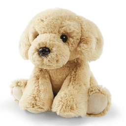 A beige plush toy in the shape of a sitting dog, featuring soft fur and a friendly expression.