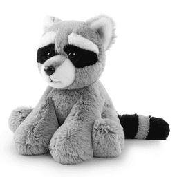 A grey and black plush raccoon toy with a soft texture and large expressive eyes. It has a thick tail with stripes.