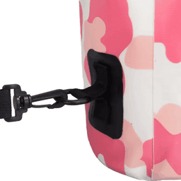 A pink and white camo-patterned waterproof dry bag featuring a clip and a black attachment point.