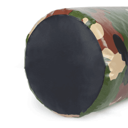 A waterproof dry bag in camouflage design with a dark base and a solid top. It features a logo.