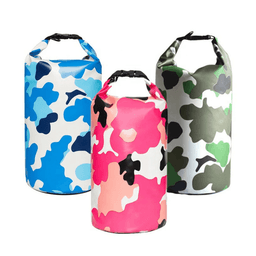Three waterproof dry bags in vibrant colours: blue-and-white camo, pink-and-white camo, and green-and-black camo, each with a logo.