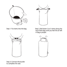 Instructions for a waterproof dry bag featuring a roll-top closure and buckle. Includes diagrams in black and white.