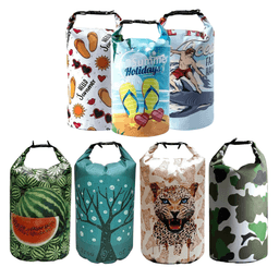 A collection of five brightly coloured 5L sublimated waterproof dry bags featuring various artistic designs and a logo.
