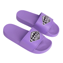Purple PVC slides featuring a branded strap. The design is simple and modern.