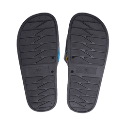 A pair of black and blue PU sublimated slides, featuring textured soles and numbering on the underside.