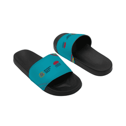 A pair of teal PU slides with a black sole, featuring a logo on the strap and colourful accents.