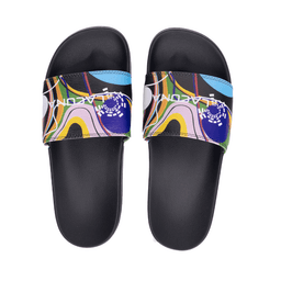 A pair of PU sublimated slides featuring a colourful abstract design with a black strap and a logo.