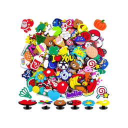 A collection of colourful PVC shoe charms in various shapes, including animals, food items, and phrases, with a mix of designs.