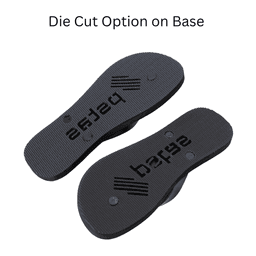 A pair of black thongs with a textured sole, featuring a die-cut design on the base and branding.