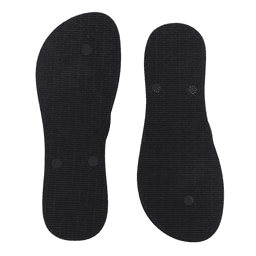 Black rubber thongs with a textured sole pattern, featuring a logo on the footbed.