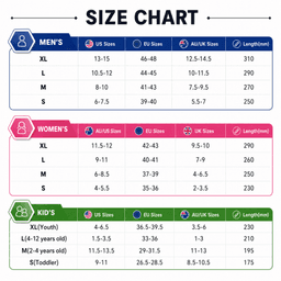 A size chart listing measurements for men's, women's, and kids' footwear, including US, EU, and AU/UK sizes.