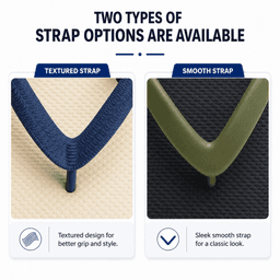 A close-up of two types of straps for thongs: one textured in navy and one smooth in olive green.