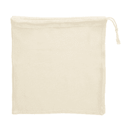 A light cream-coloured mesh bag with a drawstring closure. The bag has a textured pattern.