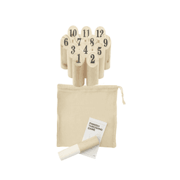 A set of wooden pins numbered 1 to 12, with a beige storage bag and a wooden throwing stick.