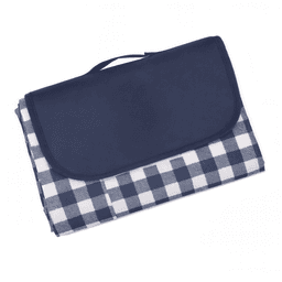 A navy blue and white checkered picnic blanket, neatly folded with a matching carry handle. It features a logo.