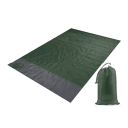A green polyester picnic blanket laid out flat beside a matching pouch for storage.