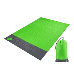 A bright green polyester picnic blanket laid out, accompanied by a matching pouch for storage. The pouch has a logo.