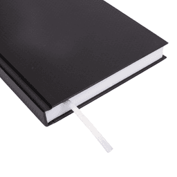 A black A5 diary features a smooth cover and a white ribbon bookmark. It has a sleek, modern design.