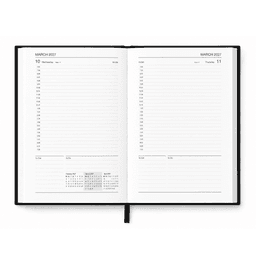 A black A5 diary with white, lined pages and a monthly calendar layout for March 2027.