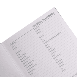 An A5 diary with blank personal memoranda pages for notes and contact details, featuring a soft cover.