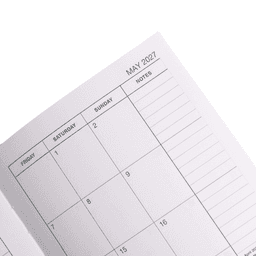 A weekly diary in shades of white and grey, featuring a monthly calendar layout with space for notes.