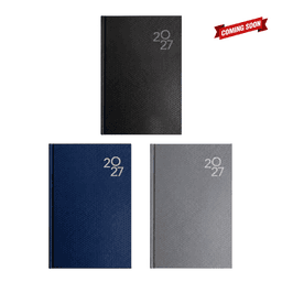 A set of three A5 diaries in black, navy, and grey, featuring a textured cover and a logo.